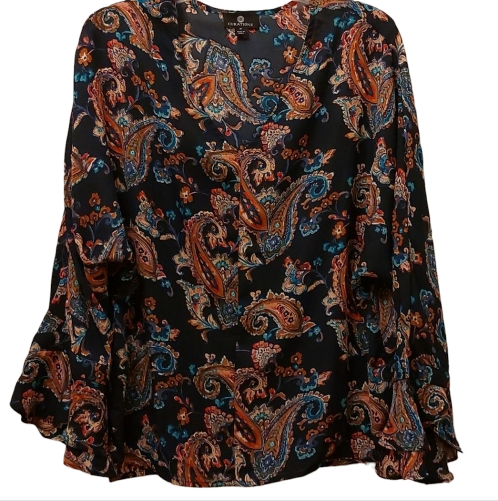 Gorgeous Curations Paisley Boho Blouse Fluted Sleeves M in Navy and Multicolor